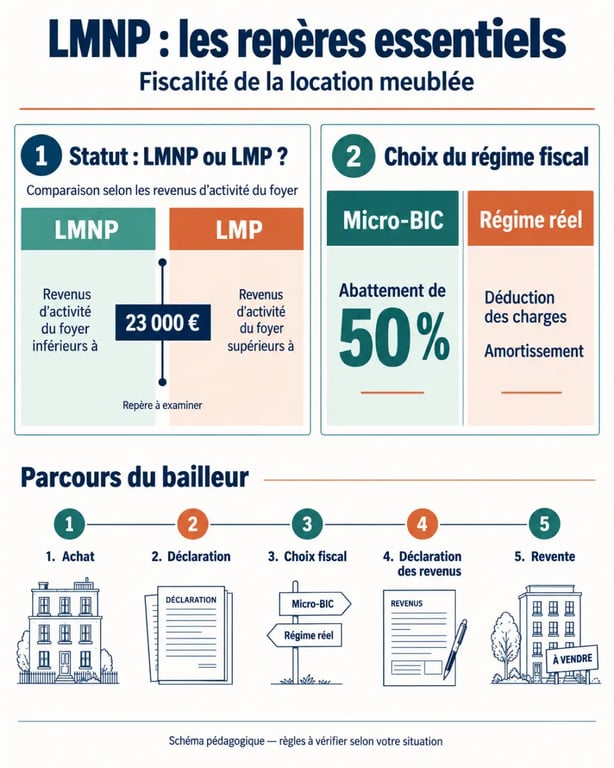 Infographie du dispositif LMNP comparant LMNP et LMP ainsi que micro-BIC et régime réel