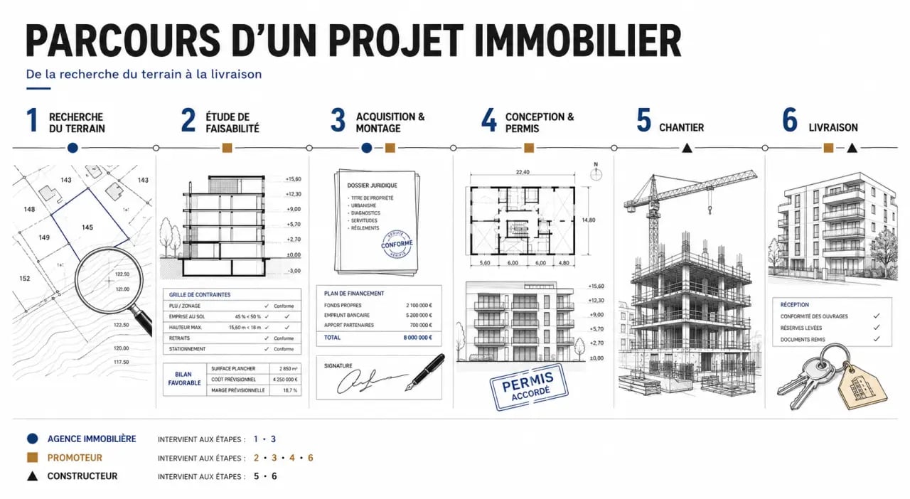 Conception immobilière : schéma éditorial des étapes d’un projet du terrain à la livraison