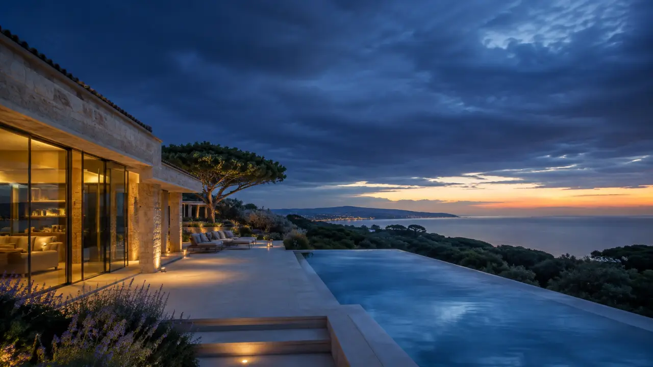 Villa de prestige à Ramatuelle au coucher du soleil, entre mer et pinède