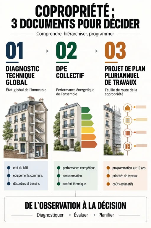 Infographie sur le diagnostic technique global, le DPE collectif et le plan pluriannuel de travaux en copropriété