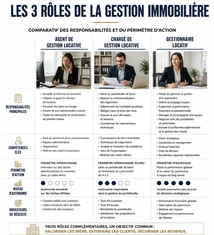 Comparatif des rôles en gestion locative : agent, chargé de gestion et gestionnaire