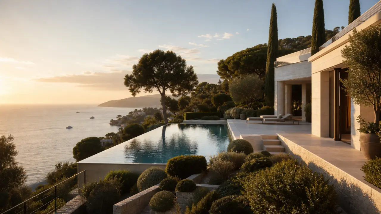 Villa de prestige sur la Côte d’Azur au crépuscule