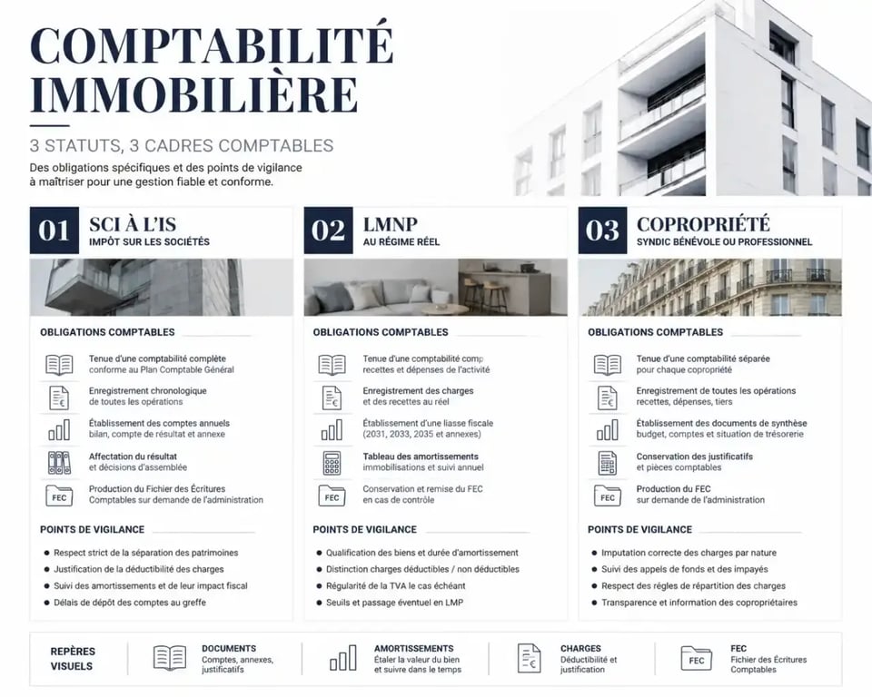 Synthèse de la comptabilité immobilière selon SCI à l’IS, LMNP réel et copropriété
