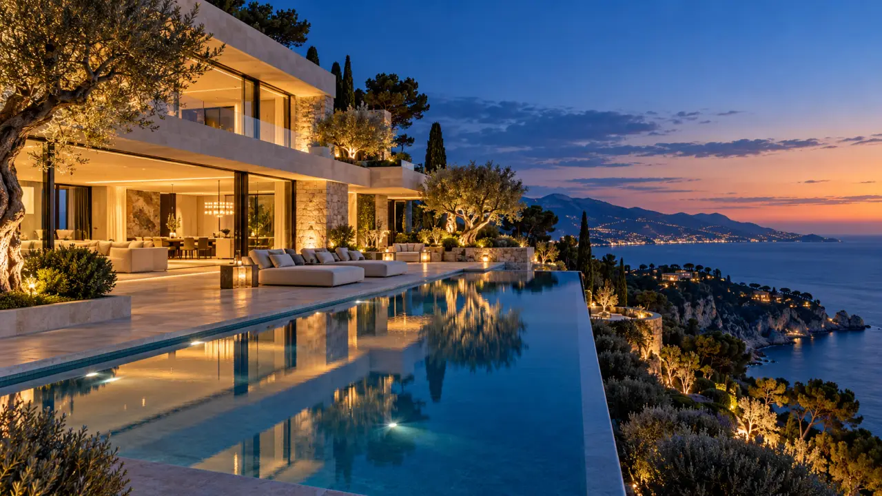 Villa de prestige contemporaine au bord de la Méditerranée au coucher du soleil