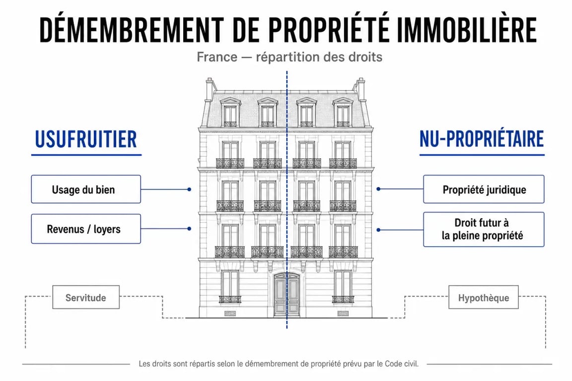 Droits réels immobiliers : schéma du démembrement de propriété entre usufruitier et nu-propriétaire
