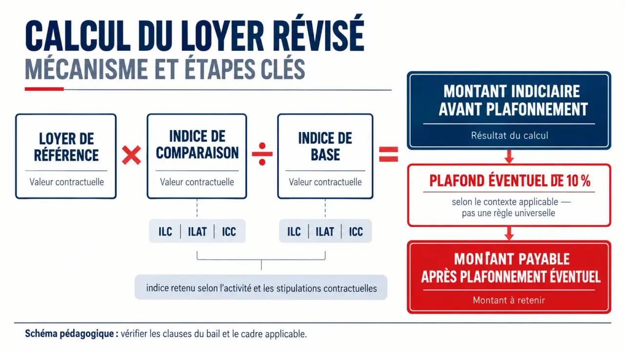 Calcul augmentation loyer commercial avec formule indiciaire, indices ILC ILAT ICC et plafonnement éventuel
