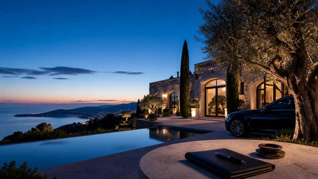 Villa contemporaine de prestige au crépuscule sur la Côte d'Azur