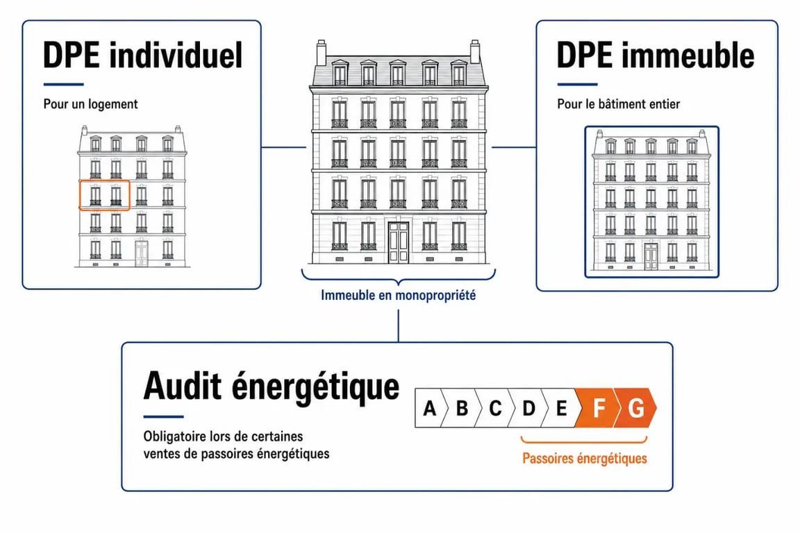 DPE immeuble monopropriété : schéma éditorial comparant DPE individuel, DPE immeuble et audit énergétique
