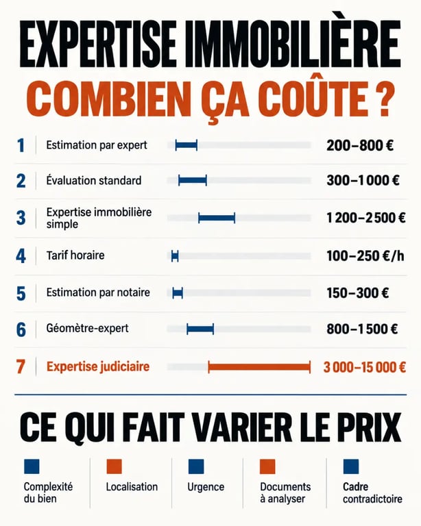 Infographie expertise immobilière prix avec les fourchettes tarifaires selon la mission