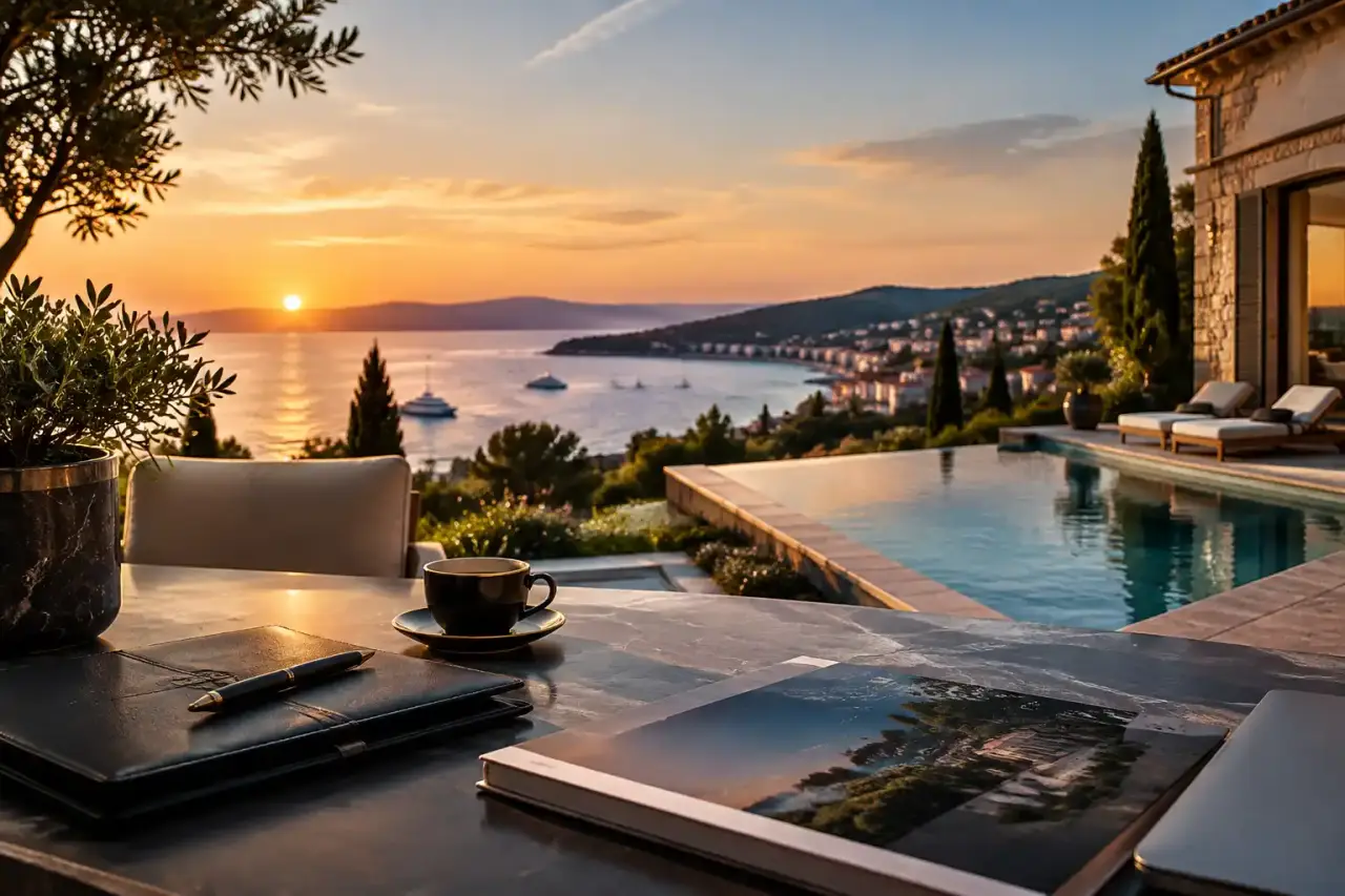 Villa de prestige au crépuscule avec piscine à débordement
