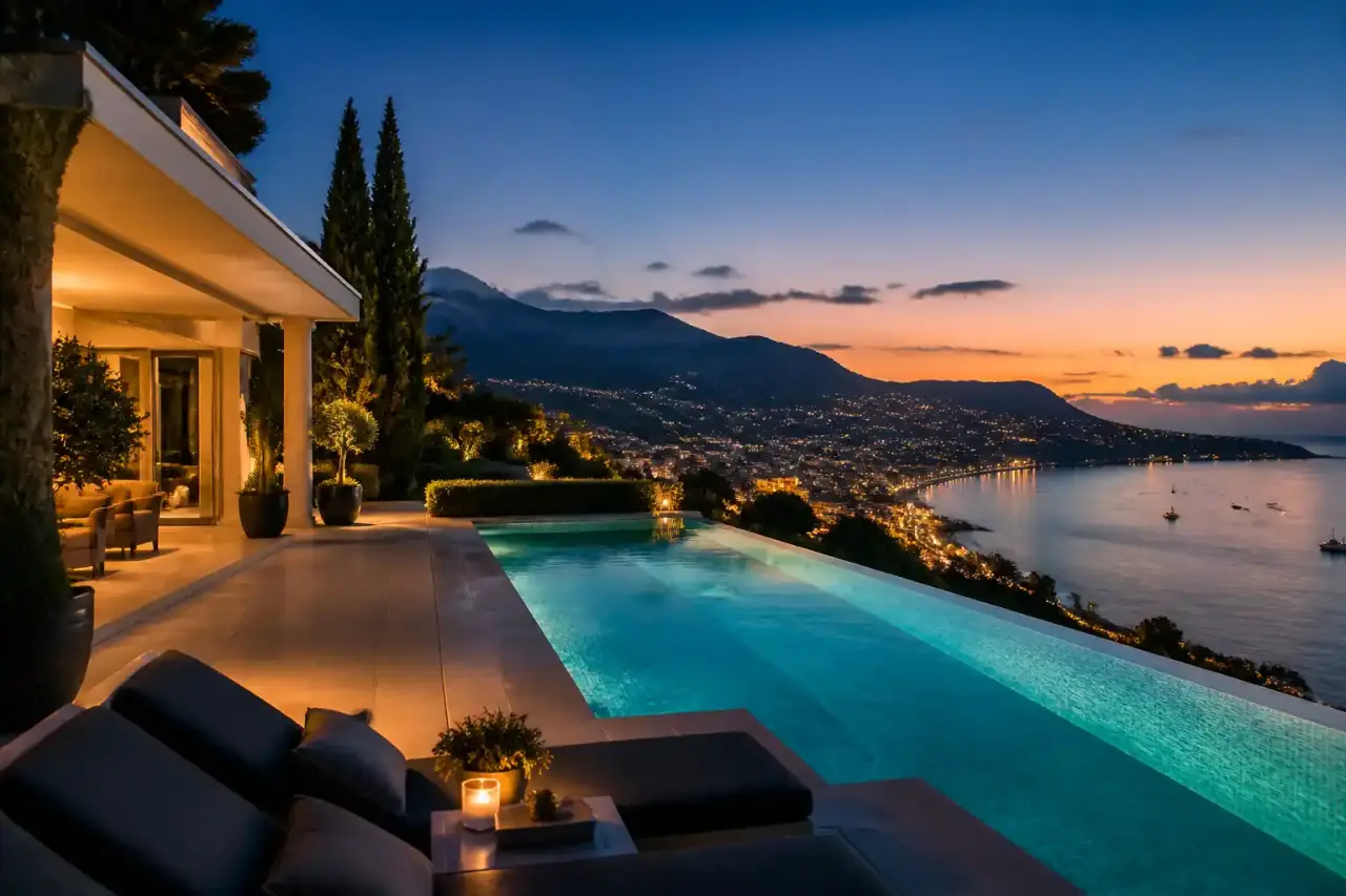 Villa contemporaine luxueuse au crépuscule sur la Côte d'Azur