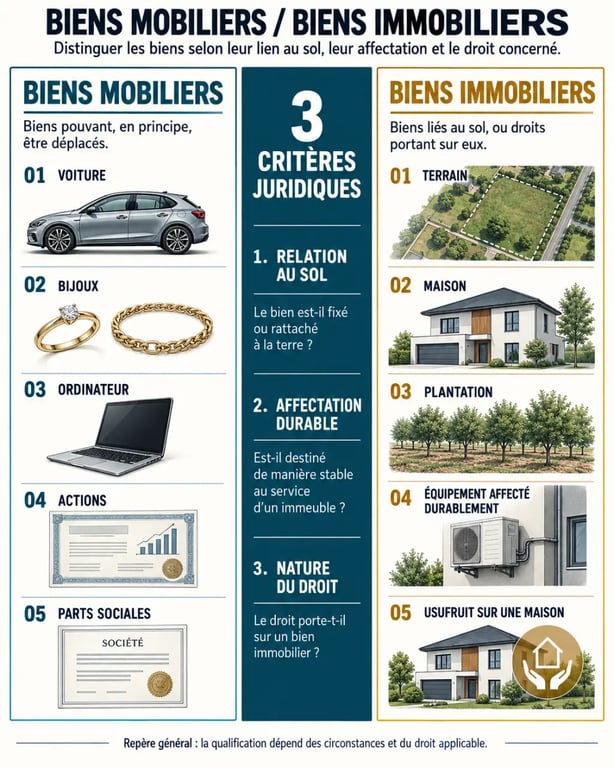 Infographie comparative sur la différence entre bien mobilier et immobilier