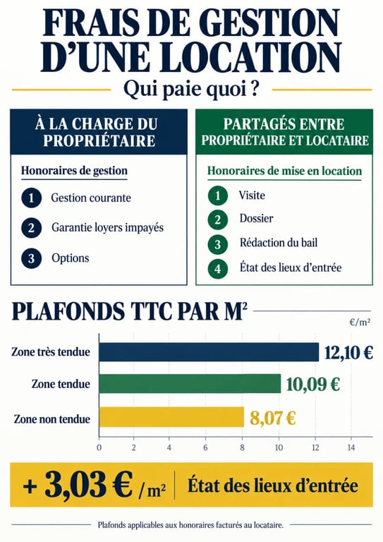 Infographie sur les frais de gestion d’une location et la répartition des frais entre propriétaire et locataire