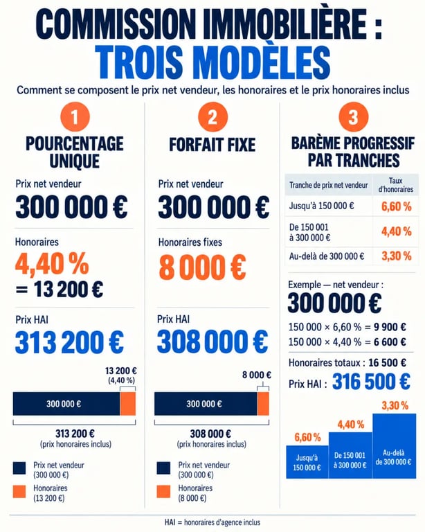 Barème de commission d'agence immobilière avec comparaison des taux par tranches, du prix net vendeur et des honoraires