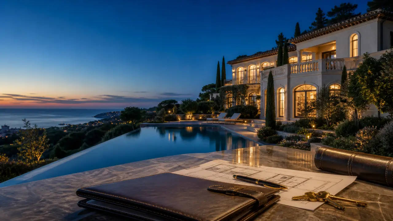 Villa contemporaine de luxe au crépuscule avec piscine à débordement