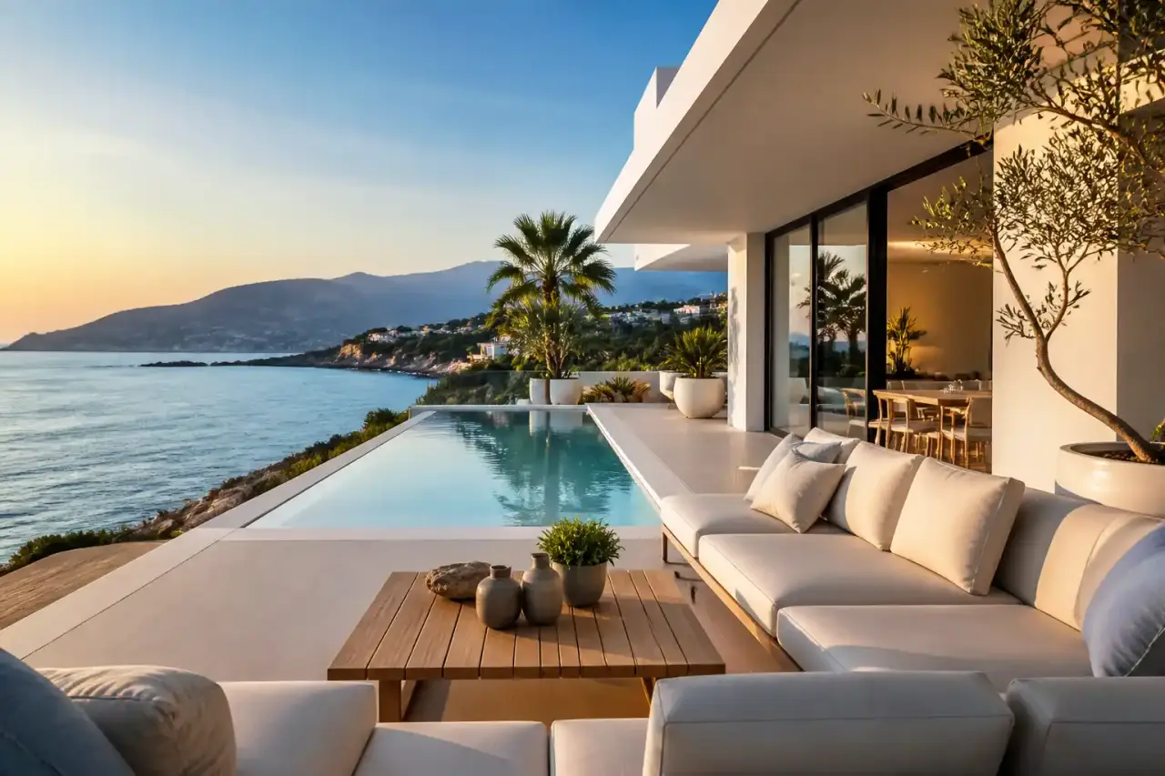 Villa contemporaine de luxe au crépuscule sur la Côte d'Azur