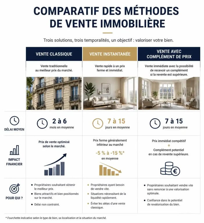 Comparatif des méthodes pour vendre sa maison rapidement : classique, instantanée ou avec complément de prix