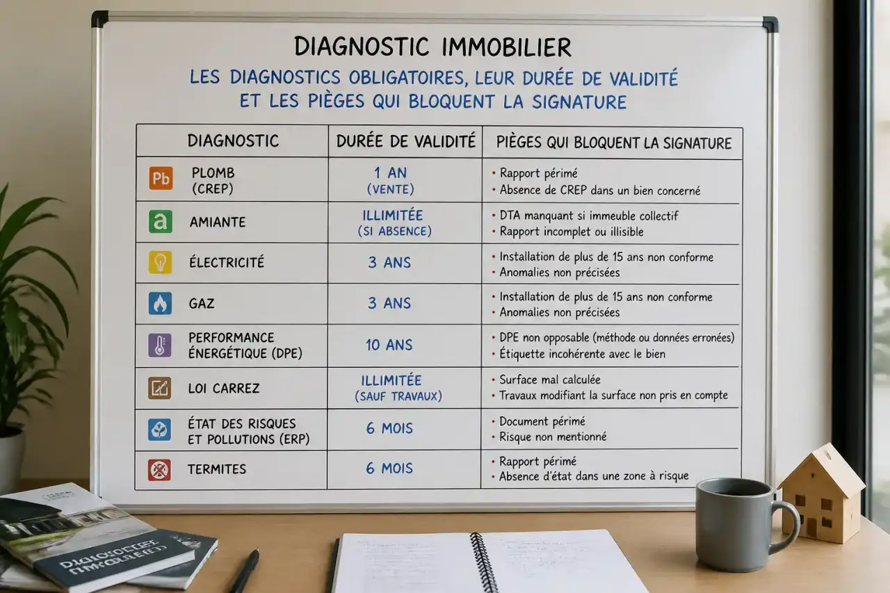 Tableau diagnostic immobilier : les diagnostics obligatoires, leur durée de validité et les pièges qui bloquent la signature
