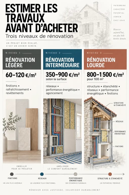 Estimation travaux maison avant achat selon le niveau de rénovation et le coût au mètre carré