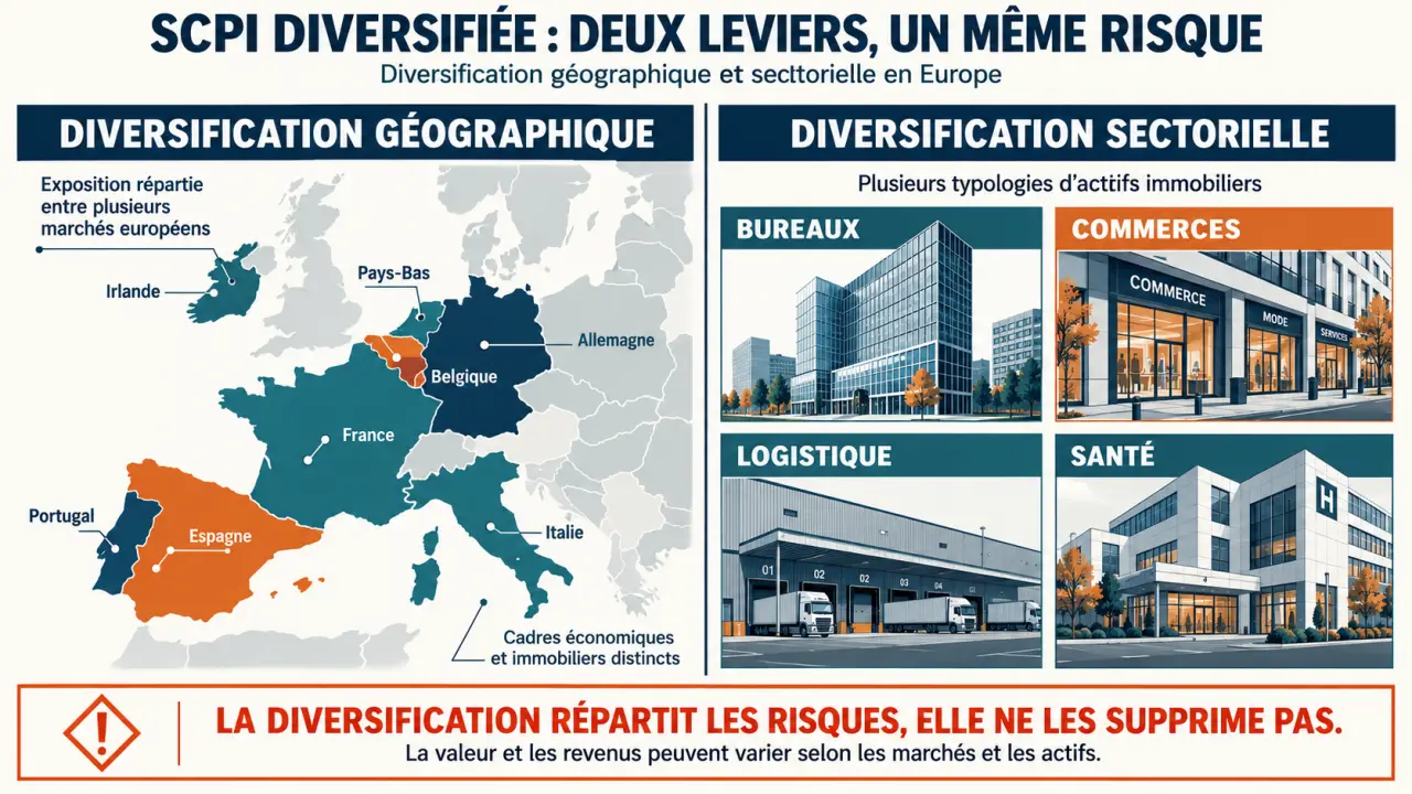Infographie sur une SCPI diversifiée Europe et la répartition des actifs et des pays