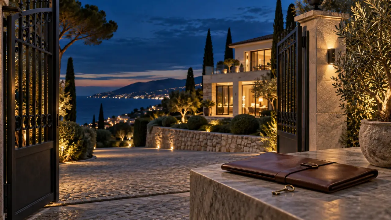Villa de prestige contemporaine au crépuscule, dans un environnement confidentiel