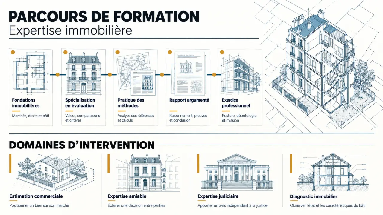 Parcours de formation en expertise immobilière et distinction entre estimation, expertise et diagnostic
