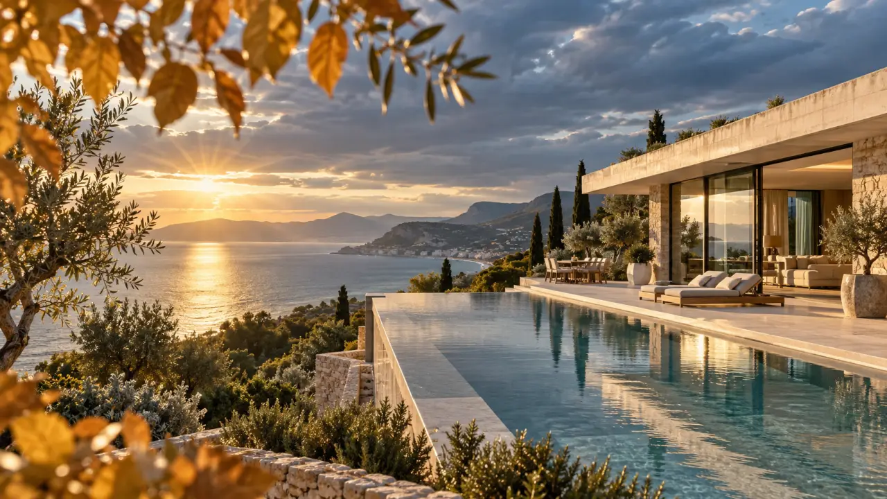 Villa de prestige sur la Côte d'Azur au crépuscule
