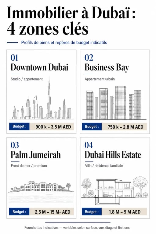 Infographie immobilière immobilier dubai comparant les quartiers clés et les profils de biens