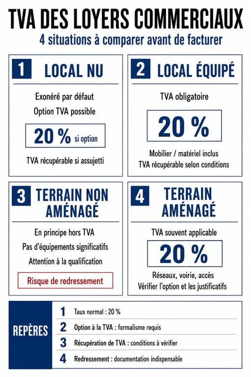 TVA loyers commerciaux : comparaison entre local nu, local équipé et option à la TVA