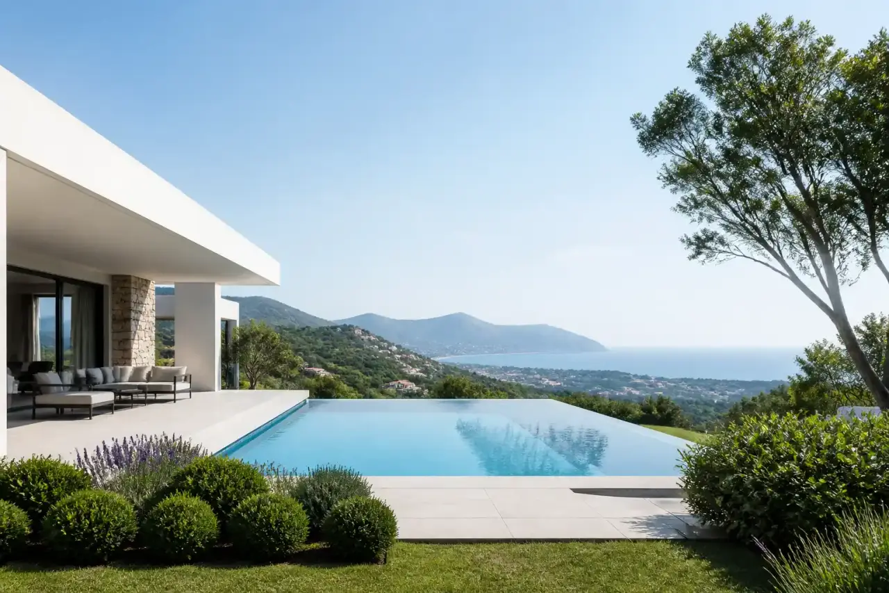 Villa contemporaine ultra-luxueuse au crépuscule, piscine à débordement et lumière dorée