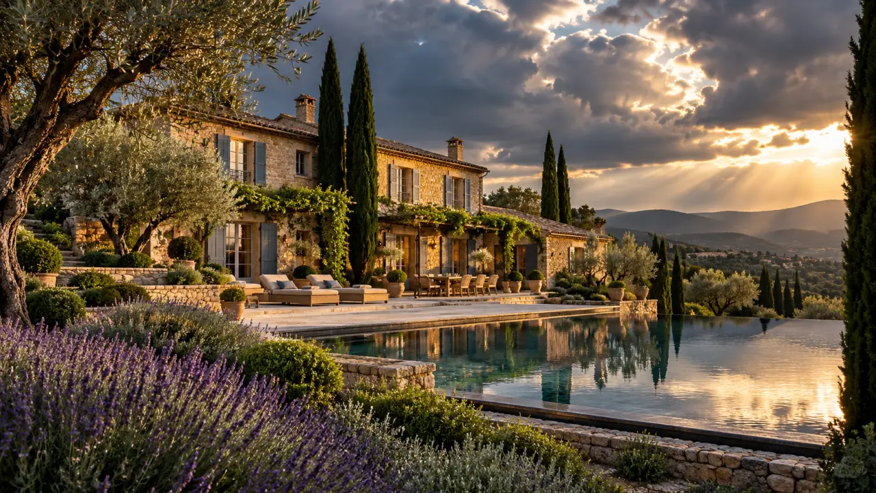 Mas provençal en pierre entouré d'oliviers et de cyprès