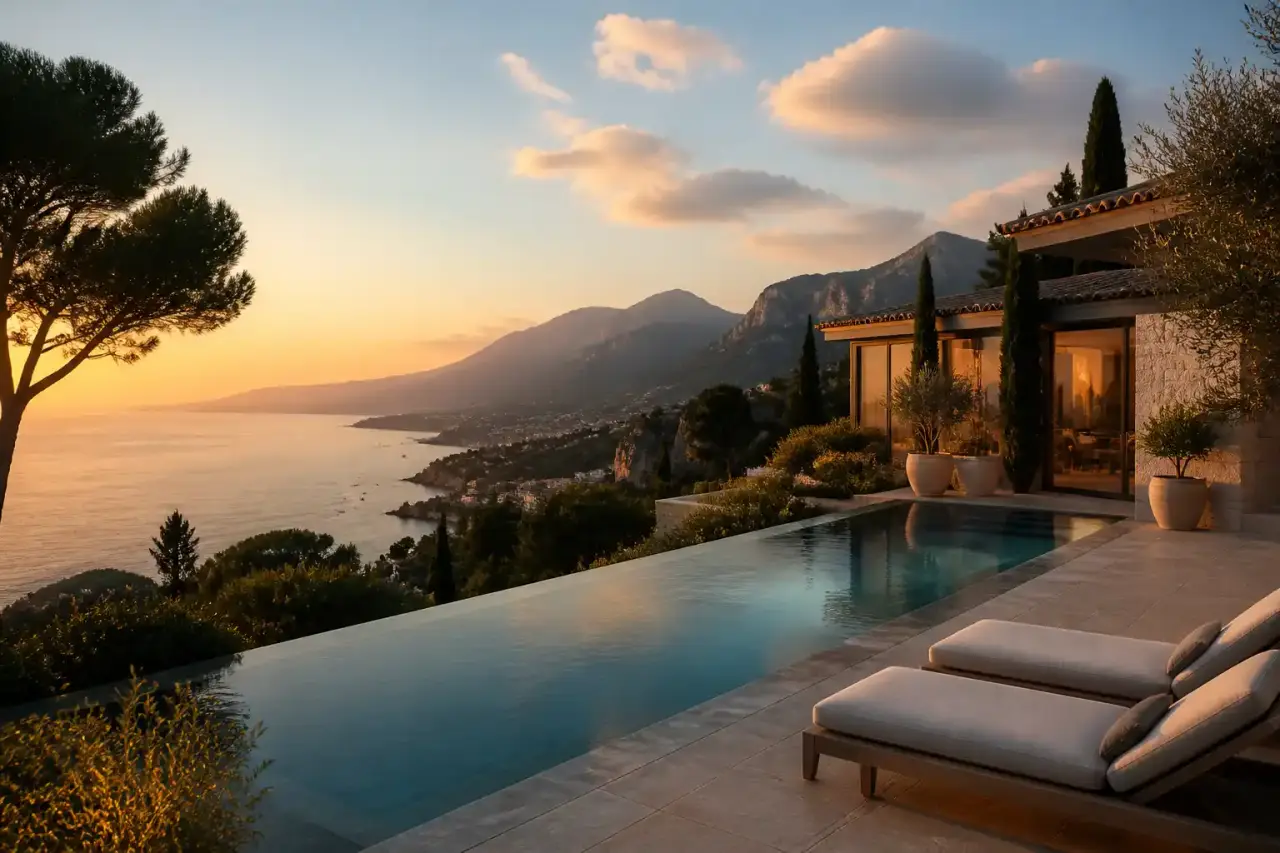 Propriété de prestige sur la Côte d'Azur au crépuscule