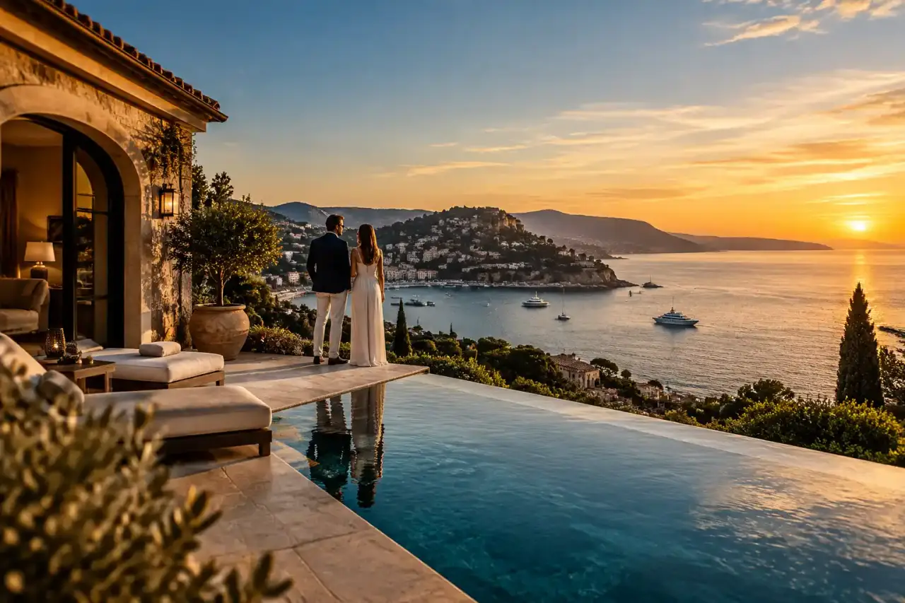 Villa contemporaine de prestige au crépuscule sur la Côte d’Azur