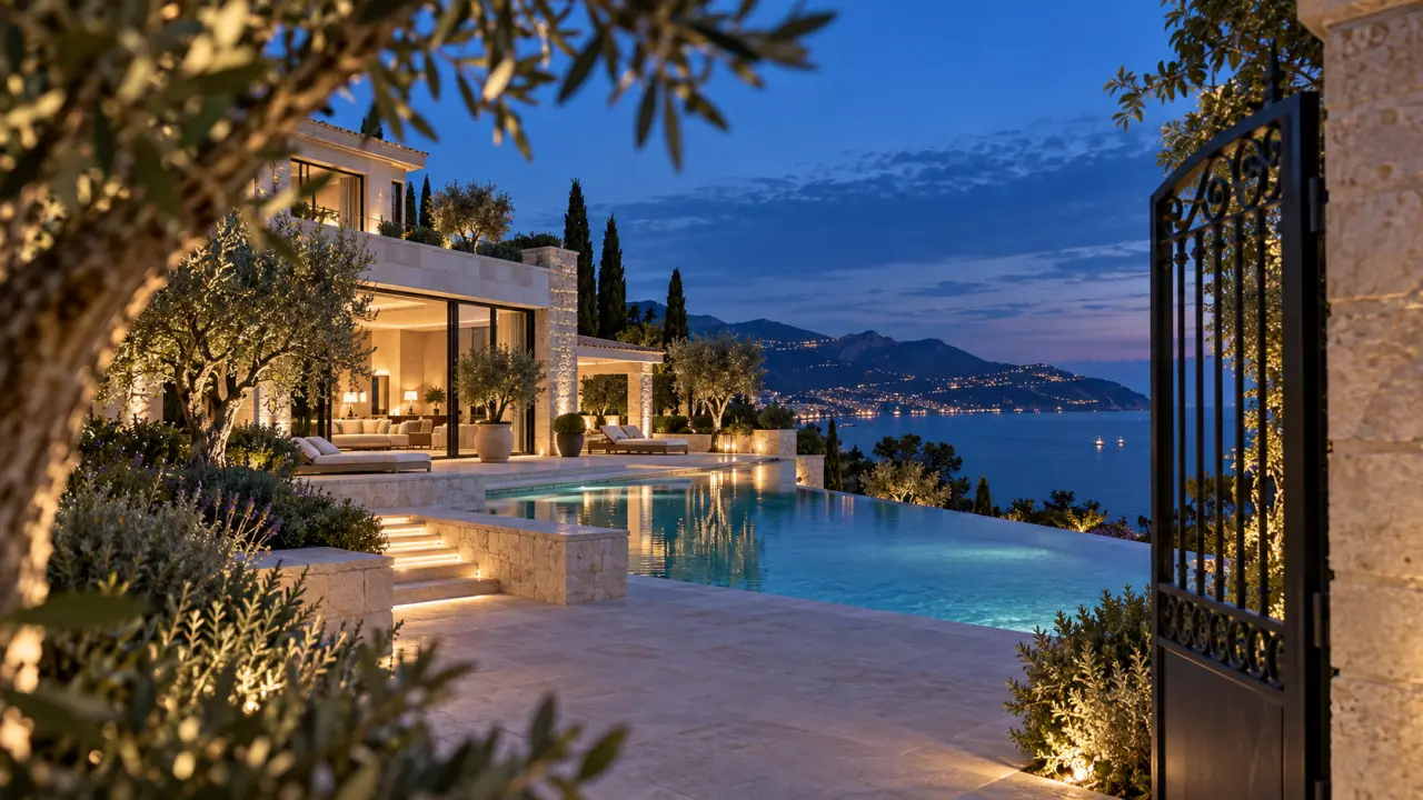 Villa d'exception sur la Côte d'Azur au crépuscule
