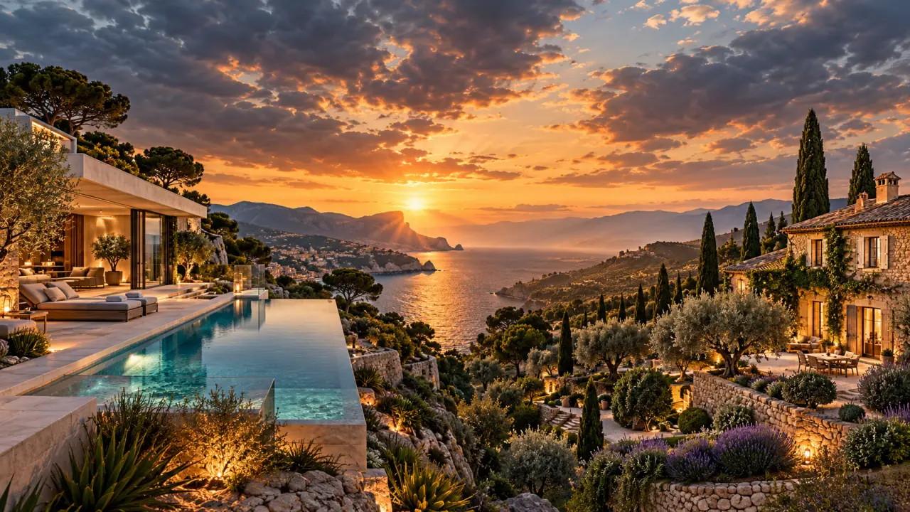 Villa de prestige entre mer Méditerranée et paysages provençaux au coucher du soleil