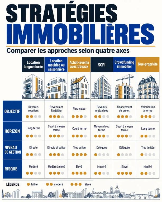 Infographie comparative des principales stratégies immobilières selon l’objectif, l’horizon, la gestion et le risque