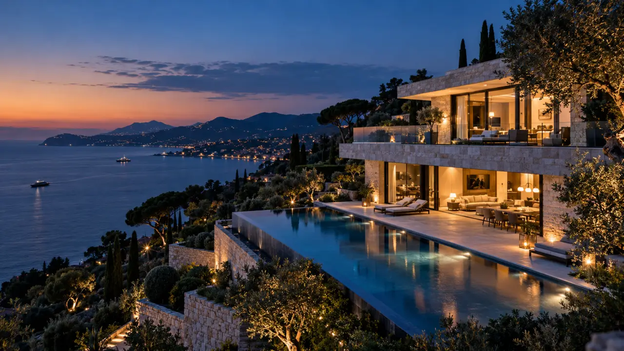 Villa contemporaine de luxe sur la Côte d’Azur au crépuscule