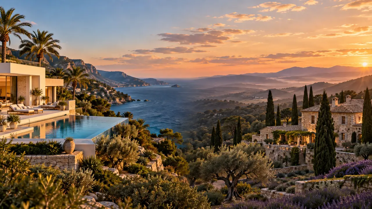 Villa de prestige dans le Sud de la France au coucher du soleil