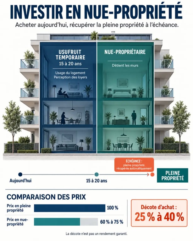 Investir en nue-propriété : schéma du démembrement, de la décote et de la récupération de la pleine propriété
