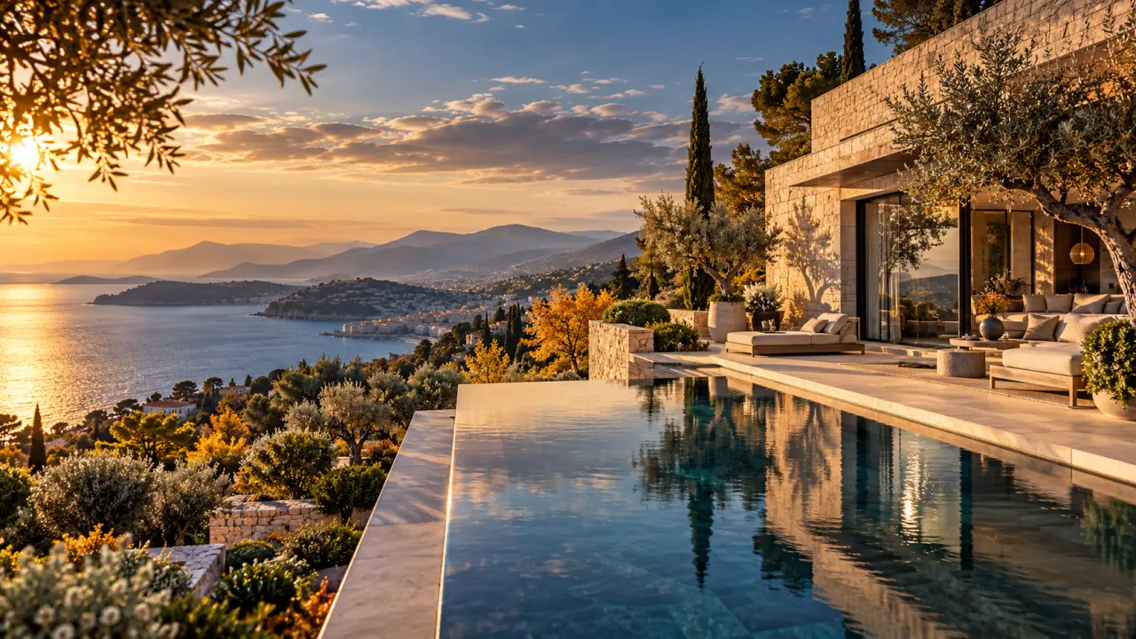 Villa contemporaine de luxe sur la Côte d'Azur au crépuscule