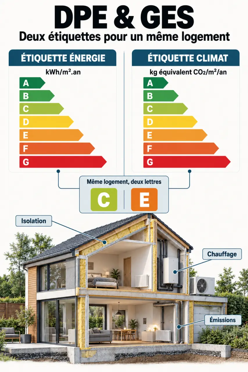 Infographie comparative DPE et GES avec étiquettes énergie et climat de A à G