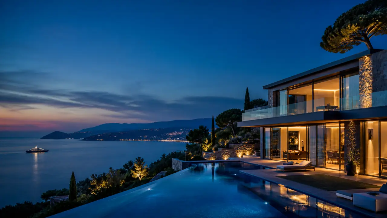 Villa contemporaine ultra-luxueuse sur la Côte d’Azur au crépuscule